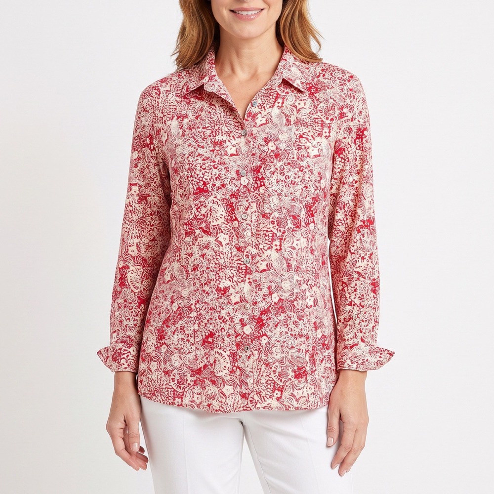 JM Collection Button Down Women 20W Red Paisley Embroidered Roll Tab Excellent